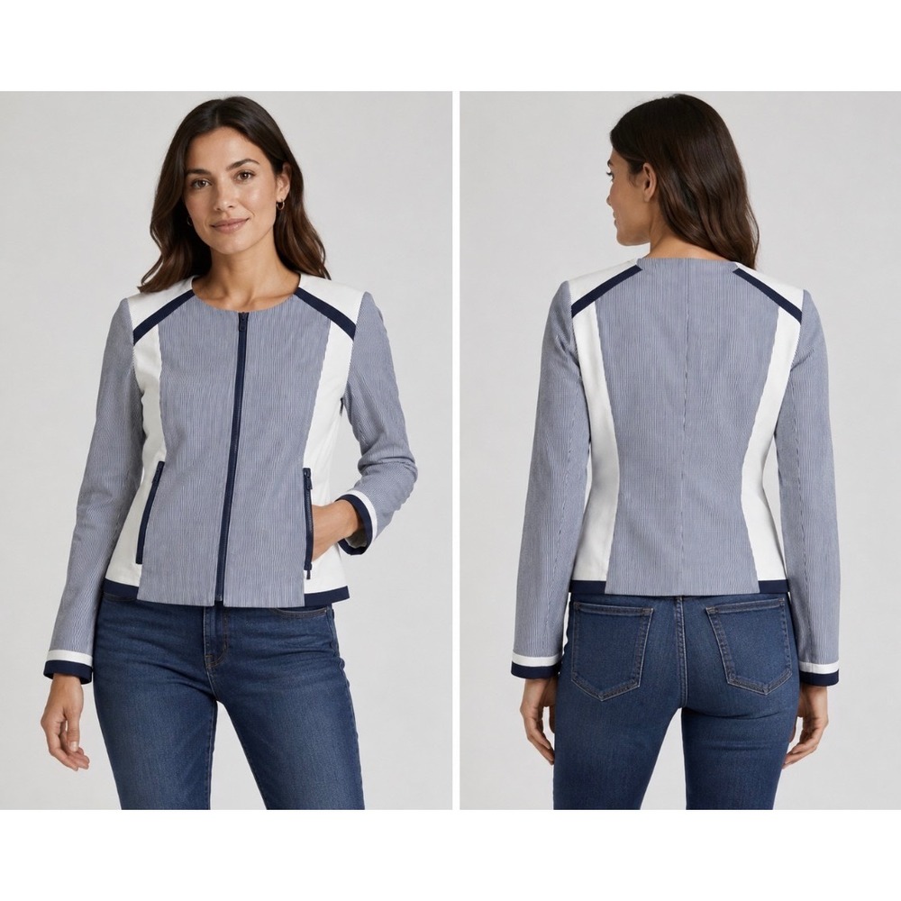 Jones New York Collection Stretch Zip Front Striped Jacket Blazer Womens 6 NWOT